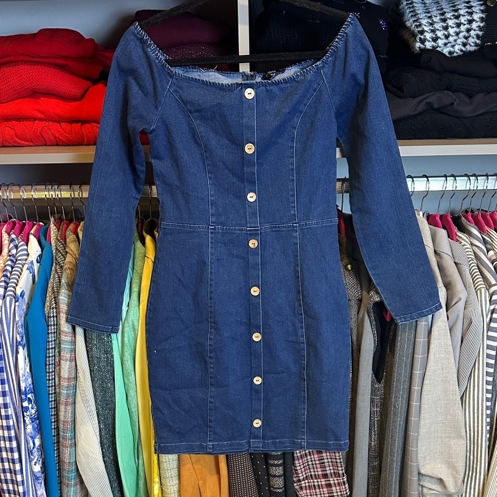 Blashe blue long sleeve off the shoulder back zipper closure denim dress size M